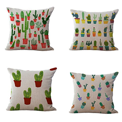 Set of 4 Throw Pillow Covers, YIFAN Tropical Cactus Plants Pattern Polyester Ramie Square Pillow Cover Decorative Cushion Case Pillowcase Home Decor 17.717.7 Inch