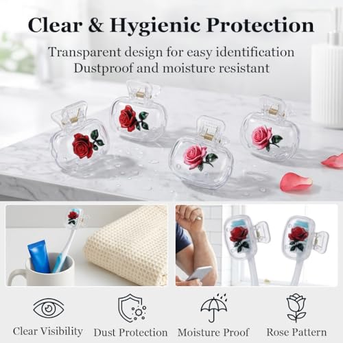 Image of HASTHIP 4 Pack Travel Toothbrush Covers Clear Toothbrush Protector Clips with Rose Pattern Ventilated PP Tooth Brush Case for Home Bathroom Traveling