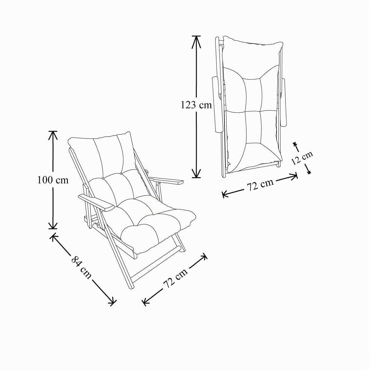 Sillón tumbona de relax, 3 posiciones, de madera, plegable, cojín acolchado, altura de 100 cm, color gris oscuro