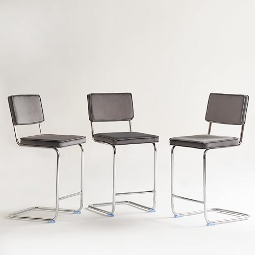 Modern Counter Height Bar Stools,24inch Seat Height Grey Velvet Counter Stool with Chrome Metal Frame,Mid Century Stool Set of 3