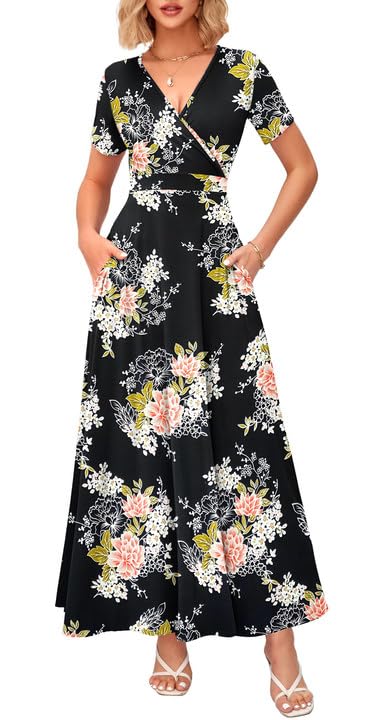 Image of WNEEDU Women's Summer Maxi Dress Short Sleeves Wrap V Neck Long Dresses with Pockets