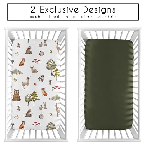 Image of Sweet Jojo Designs 2-Piece Baby Crib Sheets Set (Woodland Animals) for Boys or Girls, Infant Nursery, Toddler Room - Standard Size (Forest Animal Friends, Neutral, Bear, Hedgehog, Fox, Dark Green)