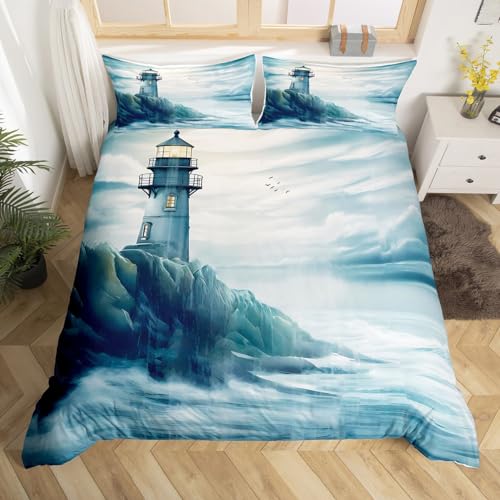 Feelyou Lighthouse Bedding Set Queen Size Kids Nautical Decor Comforter Cover Set for Boys Girls Teens Ocean Themed Duvet Cover Sea Adventure Bedspread Cover Marine Theme Quilt Cover