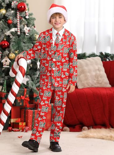 Image of Boys Christmas Printed Ugly with Jacket, Pants & Tie 3 Piece Holiday Party Warm Suit Red Ho Ho Ho 12 Years