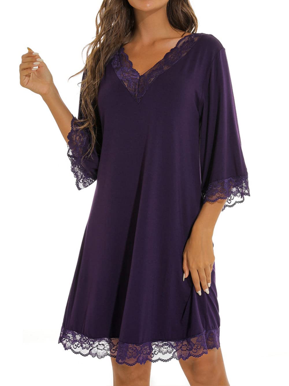 BANLUX Camisón para Mujer - Camisón Liso De Media Manga con Cuello De Pico para Mujer, Camisones Sexis De Encaje De Retazos De Algodón, Ropa De Dormir Femenina, Vestido De Dormir Informal