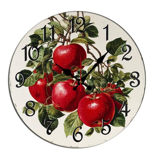 Horienteeon Reloj de pared de frutas de manzana redondo de 10 pulgadas de madera para escritorio, decoración de cocina, funciona con pilas, para sala de estar, dormitorio, baño, casa de campo