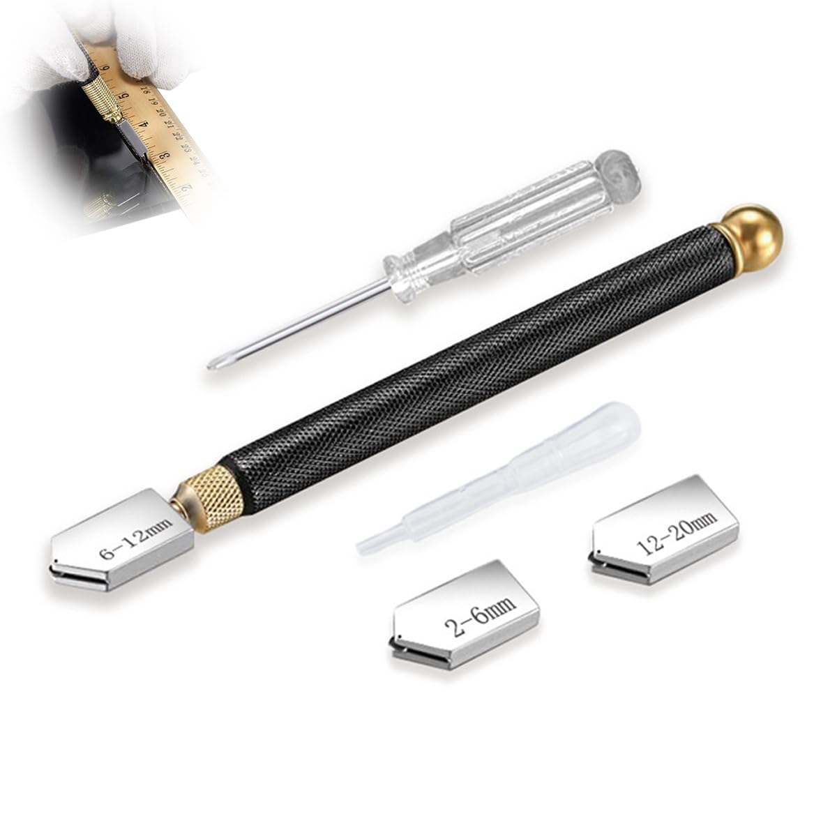 Glass Cutter Kit, 5 Pcs Professional Glass Cutting Tool with Replaceable 3 Carbide 2mm-20mm Cutting Heads
