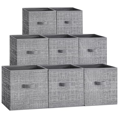 SONGMICS Storage Cubes, 11-Inch Non-Woven Fabric Bins with Double Handles, Set of 8, Closet Organizers for Shelves, Foldable, for Clothes, Cattail Gray UROB826G01