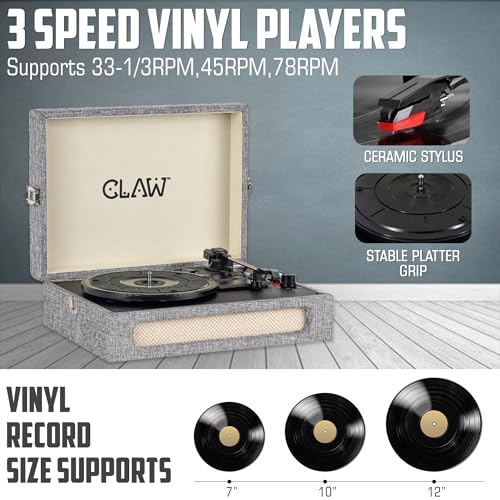Image of Claw Stag Retro Vinyl Record Player with Bluetooth 5.3, 10W Stereo Speakers, 33 /45 /78 RPM, USB Recording, AUX-in, RCA Out, Headphone Jack, Volume Knob & Playback Buttons | Grey