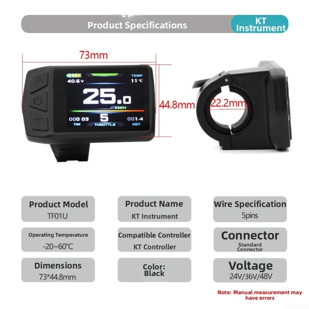 Display LCD per bicicletta elettrica, schermo a colori per controller KT-TF01U, 24V/36V/48V, connettore SM, velocità e monitor