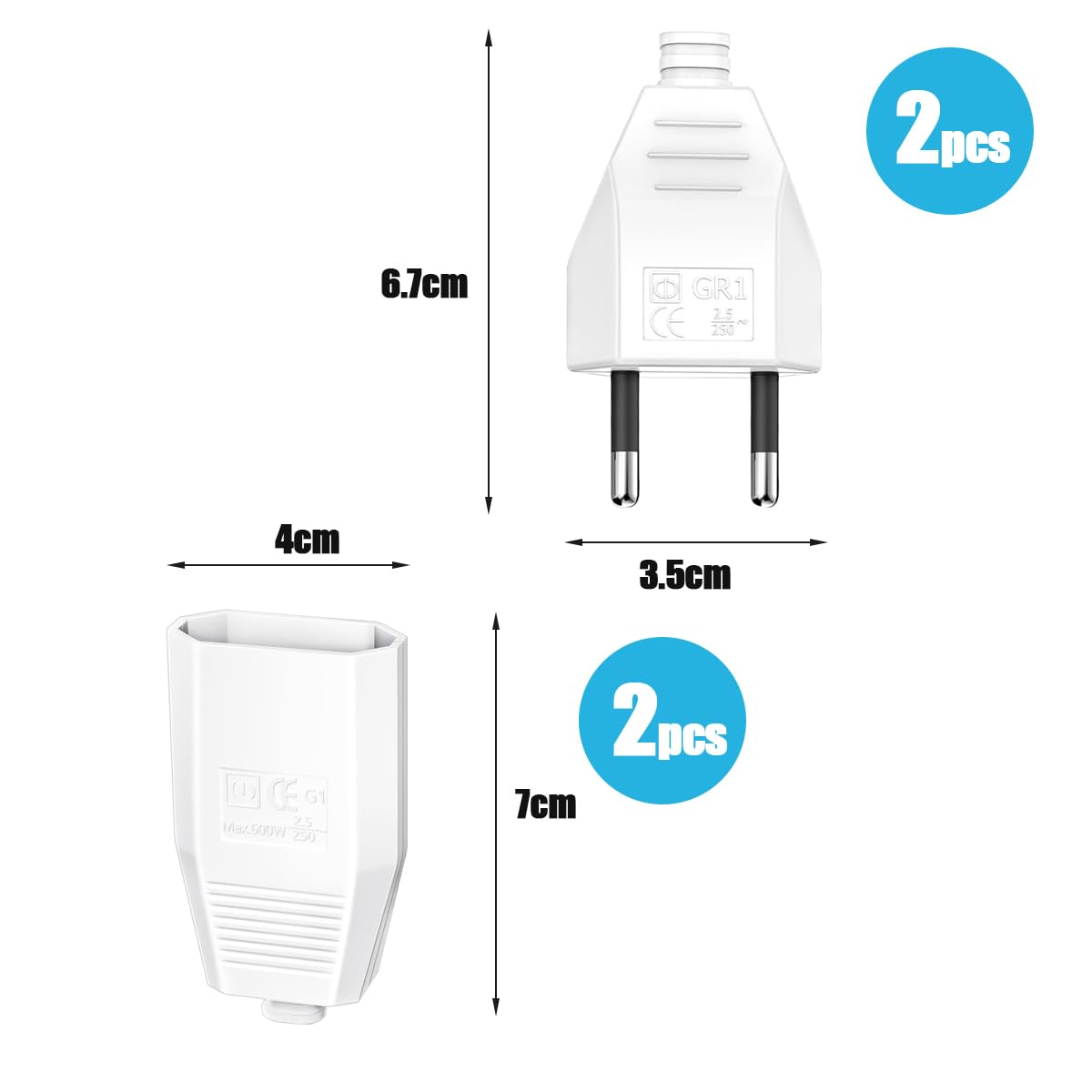 4 Pezzi DIY Spina Europea Piatta 250V/2.5A Spina Piatta maschio e femmina, Spina Elettrica - Adattatore per Elettrodomestici, Illuminazione e Piccoli Apparecchi con Cacciavite Adatto(Bianco)