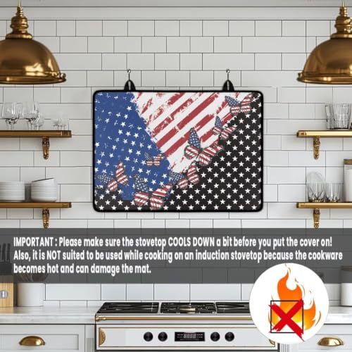 Image of Electric Stove Top Covers Heat Resistant Glass Ceramic Cooktop Cover Mat Multipurpose Kitchen Scratch Resistant Flat Top Stove Cover, 29 x 21 Inch, American Flag Butterfly Print