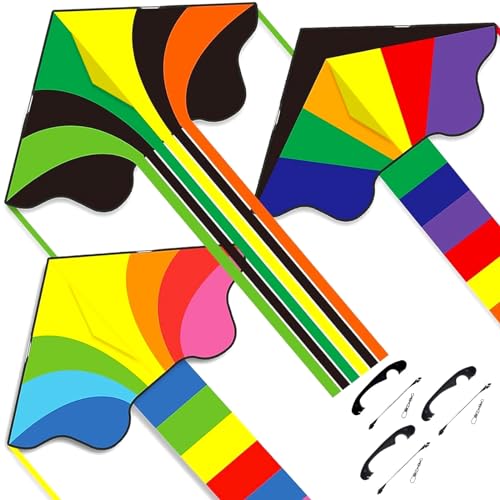 Flying Hoofer Rainbow Delta Kites(3 Pack), Easy to Fly Kites for Kids Ages 3-5 & 4-8 - Single Line Beach Kite for Toddlers and Beginners.