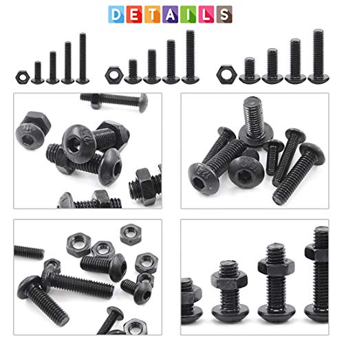 Glarks 510Pcs M3 M4 M5 Bouteilles à tête de bouton en acier allié Vis avec kit d'assortiment, finition à oxyde noir (tête de bouton)