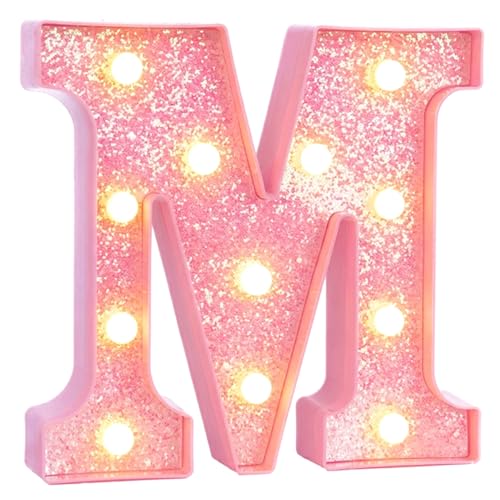 Image of Pink Marquee Light Up Letters, Glitter Alphabet LED Letter Lights for Pink Birthday Party Decorations, Battery Operated Letter Sign for Girls Room Vanity Table Decor, Warm White Lights Letter M