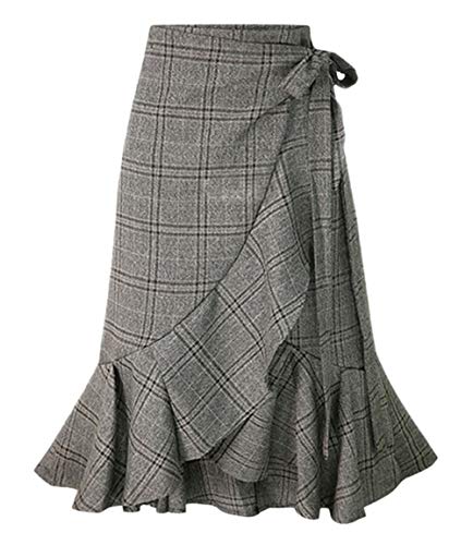 chouyatou Women's Elegant Work Wear Adjustable Waist Flounce A-Line Plaid Midi Wrap Skirt