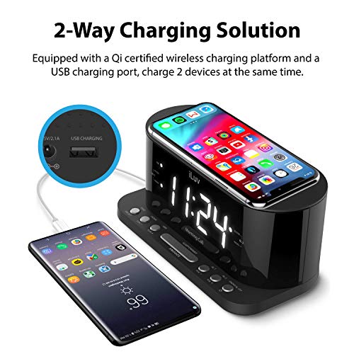 iLuv Morning Call 5 Qi-Certified Wireless Charging Bedside Digital Alarm Clock, 1.2" Jumbo LED Dual Alarm, FM Radio with 10 Presets, USB Charging Port, Sleep Timer, 3-Level Dimmer, Battery Backup - Thumbnail 3