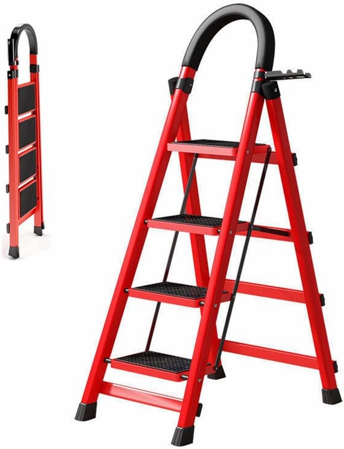 COOLBABY Foldable Four-Step Ladder. Folding Step Stool with Upgraded Widened and Thickened Non-slip Pedals. Folding Ladder for Home Use. Folding Lightweight Ladder. With Handrails and Tool Rack