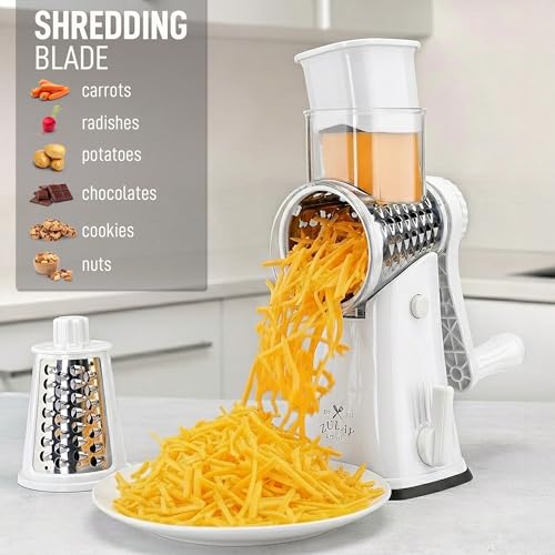 Image of Zulay Kitchen Rotary Cheese Grater 5 Blade Cheese Shredder - Manual Hand Crank Cheese Grater With Reinforced Suction & 5 Interchangeable Drums - Easy to Use, Vegetable Chopper Round Mandoline Slicer