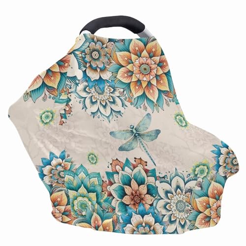 Image of ZFRXIGN Boho Dragonfly Car Seat Covers for Baby Girls Nursing Cover Scarf Infant Stroller Cover Multi Use Soft Stretchy Carseat Canopy Baby Car Seat Cover Western Flower