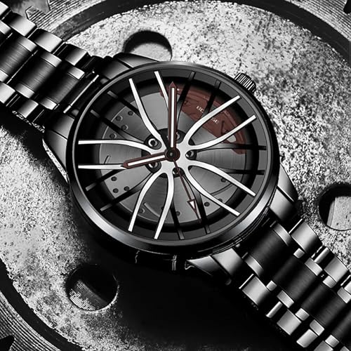 Image of GOLDENIZE FASHION Branded Men's Sport Quartz Watch Car Wheel Dial Rotating Casual Fashion Stainless Steel Alloy Men Multicolour Luxury Watches Wheel Dial Men's Metal Watch Gift Creative Watch