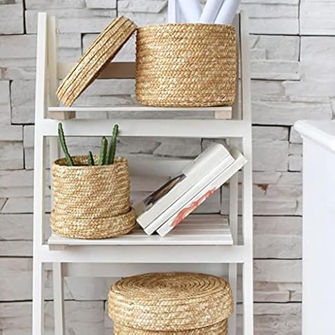 Odoukey Storage Baskets With Lid, Woven Storage Baskets, Straw Storage Baskets with Lid Woven Organizer Round Finishing Storage Box for Bedroom Living Room Laundry Snack 3pcs, Storage Baskets With Cover