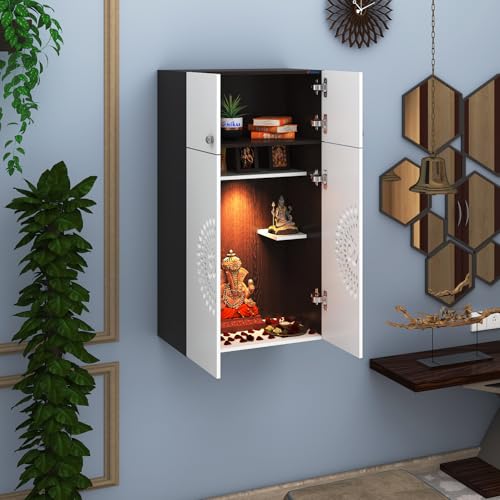 Image of Anikaa OMYA Engineered Wood Home Temple Wall Mount & Floor Standing Wooden Modern Pooja Mandir with LED Light, Om Laser Cut Design | Storage Cabinet with Hinge Doors (Wenge, DIY Installation)