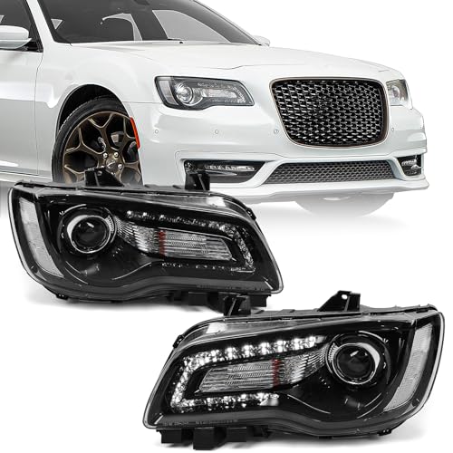 VLINCAR Projector Headlight Assembly Pair Compatible with Chrysler 300/300C 2015 2016 2017 2018 Halogen Headlamp with Bulbs w/LED DRL Black Housing & Clear Reflector Left Driver & Right Passenger Side