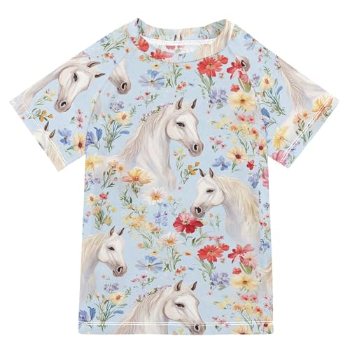 Romantic Flowers Horses Bathing Suit Girls Short Sleeves Sports Shirts Swimwear Beach Tops 3T
