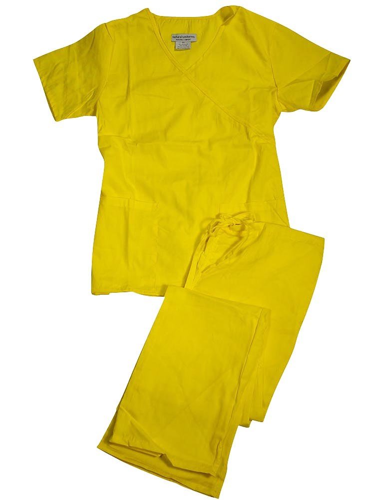 Natural Uniforms-Women's Mock Wrap/Flare Pant Medical Scrubs Set, Yellow 33693