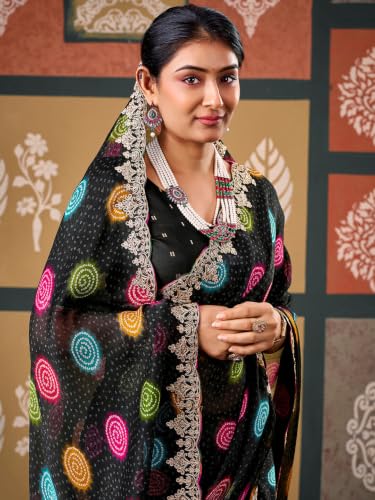 Image of SIRIL Women's Chiffon Bandhani Printed Saree, Sequence Embroidery Border