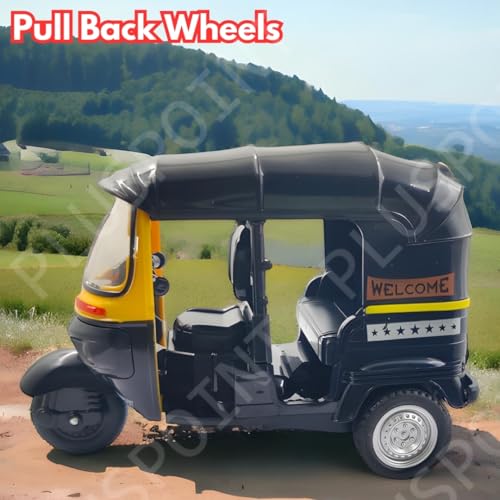 Image of PLUSPOINT Auto Rickshaw Toy,with Pull Back Action City Traffic Vehicles Public Transport Toy with Light and Sound for Aged 3 4 5 6 Boys and Girls,Kids Party Favors Gifts (Auto Rickshaw) (Black)