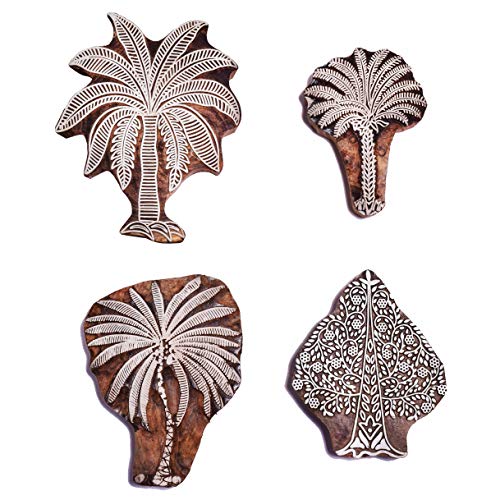 Hashcart Tree Shapes Wood Block Print Stamps - Multi Design Wooden Blocks, Hand-Carved for Saree Border Making Pottery Crafts Textile Printing