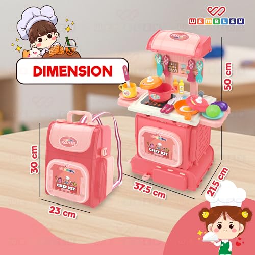 Image of Wembley 2-in-1 Kids Kitchen Set | Cooking Pretend Play Toy with 37 Pieces | Portable School Bag Style Kitchen Playset for Girls & Boys Age 2-7 | Role Play Cooking Game | Birthday Gift for Kids