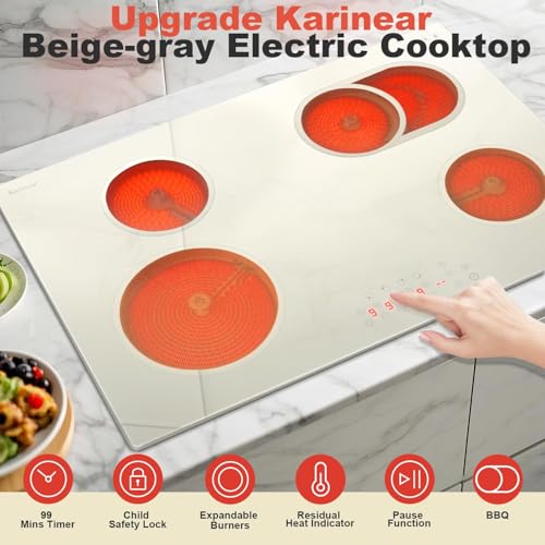Image of Karinear 30 Inch Electric Cooktop, Beige-gray Glass Cermaic Radiant Stove