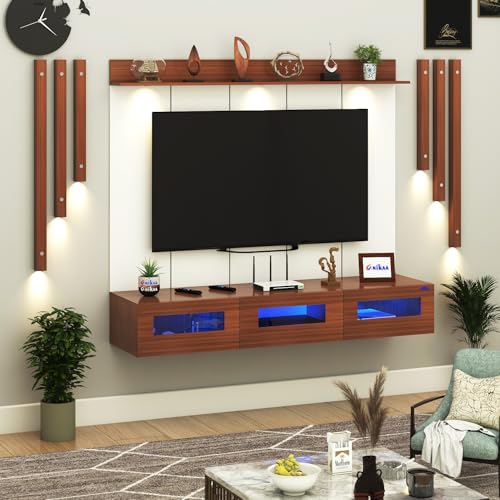 Image of Anikaa RayzaPro Engineered Wood Wall Mount TV Unit with PVC Back Panel, Acrylic Blue LED Storage Box, Side Wooden Accent Spot Light Panels I Deal for Up to 50 Inch TV (Walnut - DIY Installation)