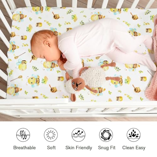 Image of Cartoon Bees Boho Leaves Honey Baby Crib Sheets for Boy and Girl 52 inchx28 inch Bees Retro Floral Crib Mattress Sheet Soft Breathable Baby Bed Sheets for Standard Crib and Toddler Mattresses