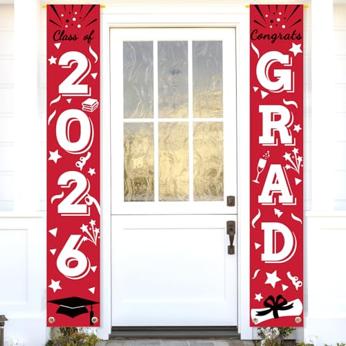 Image of Graduation Porch Banner Class Sign Congrats Grad Hanging Flags High School College University Party Decoration For Front Door Outdoor Red