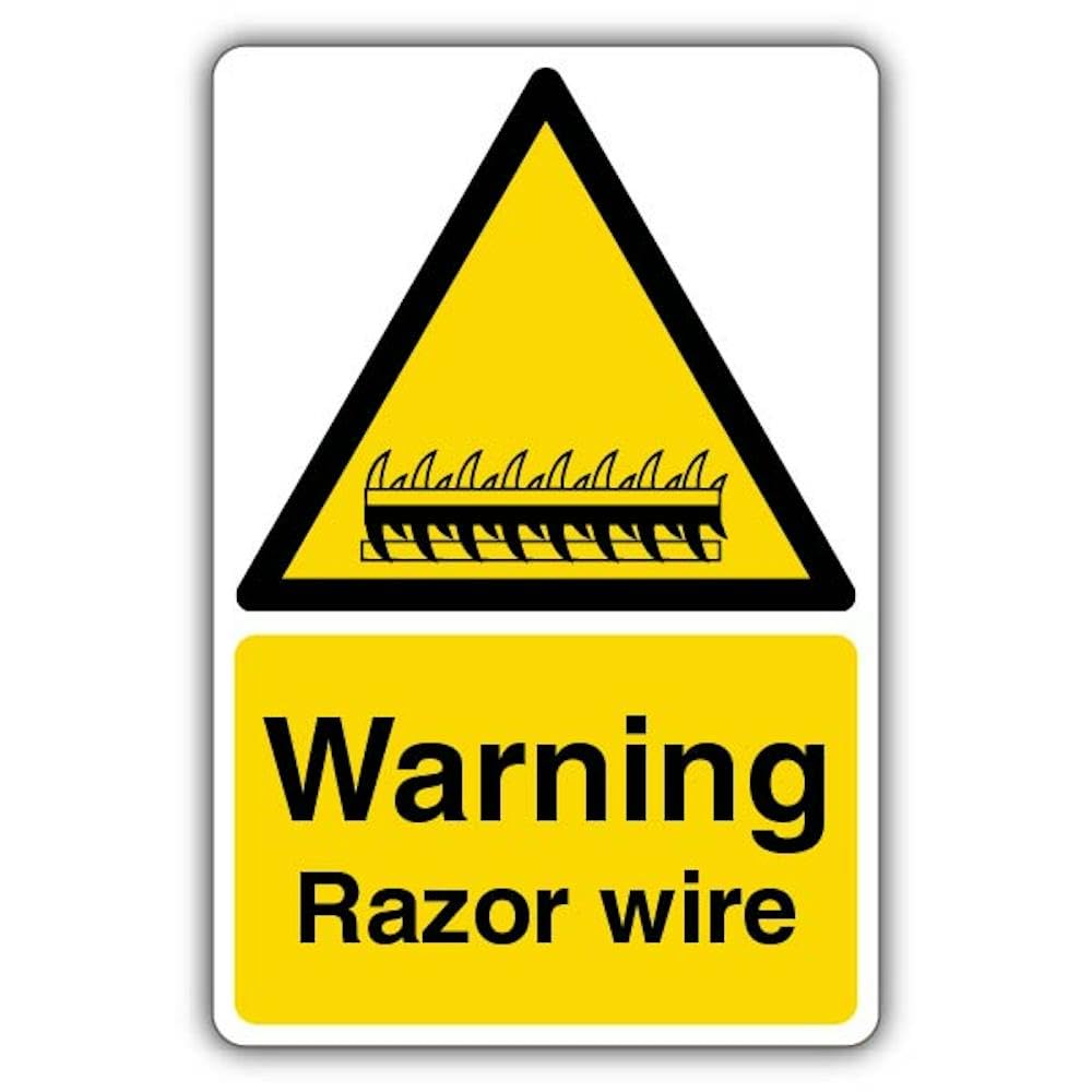 V Safety Warning Razor Wire Safety Sign - 300 x 450 mm - Glow In The Dark 1mm Rigid Plastic