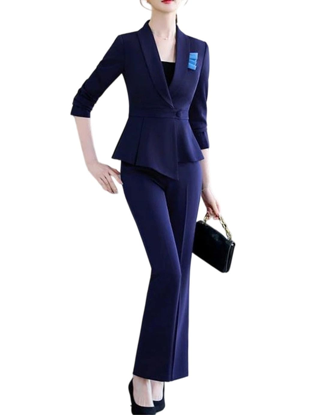 Womens Solid Color Single-Button Waisted Irregularly Shaped Long-Sleeved Blazer and Trousers Set