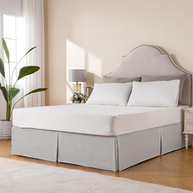 Image of MIYE Pleated Waffle Weave Bed Skirt, Tailored Dust Ruffle 14 Inch Drop Easy Fit, Machine Washable (Light Grey, King - 14 inch Drop)