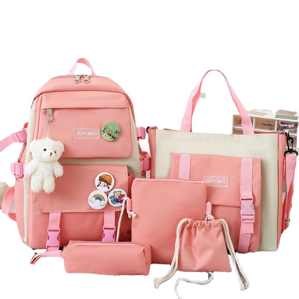 PIardi Cute backpack with accessories kawaii 5PCS Set Waterproof backbags (Pink Bear)