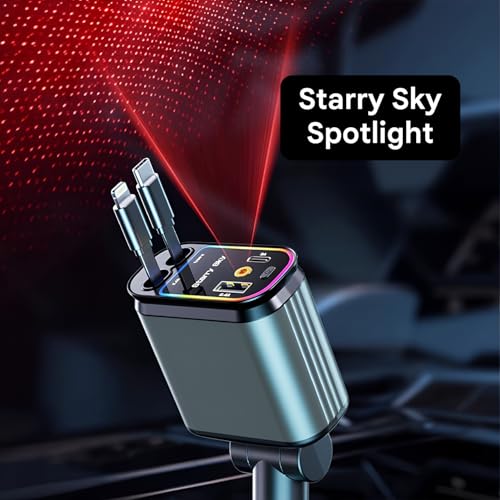 Image of Humble 120w car Charger with Starry Lights, 4-in-1 Retractable Car Phone Charger with Dual Cables (Type C & Lightning) + USB-A & Type C Ports Compatible with iPhone 17 /16 /15 /14 /13, Samsung, Android