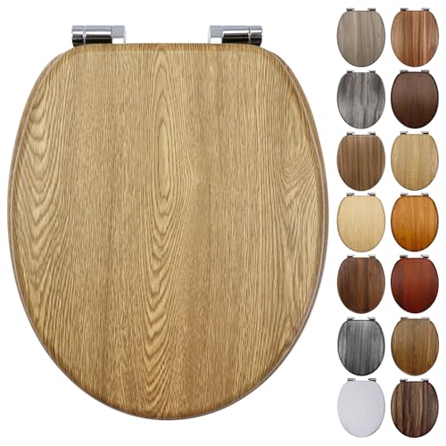 Image of Fanmitrk Oak Wooden Toilet Seat with Soft Close Adjustable Solid Zinc Alloy Hinges, MDF Wood Oval Toilet Seat with Bottom Fixings, Easy to Clean and Install (Oak Effect)