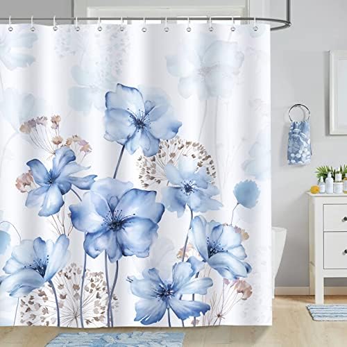 Sufancy Blue and Grey Shower Curtain, Watercolor Floral Bathroom Curtain Navy Blue