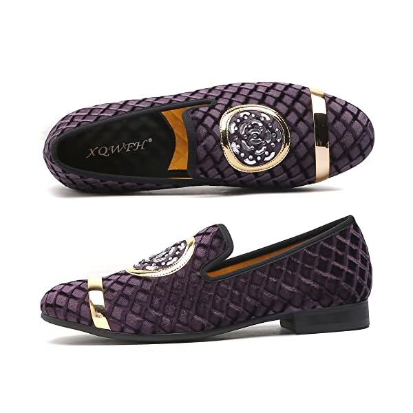 XQWFH Mens Rhinestone Loafers Velvet Tuxedo Dress Shoes with Gold Plate Smoking Slippers Slip-On Penny Party Wedding Casual Shoes, Purple, 12 - Image 5