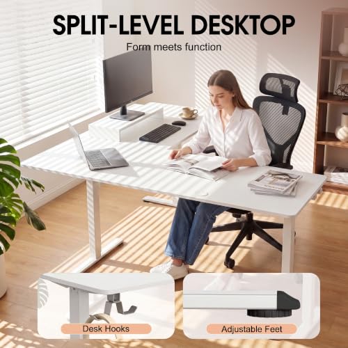 Image of Furmax 63 x 48 Inch L Shaped Standing Desk with 2 Preset Heights, Electric Height Adjustable Computer Table, 2 Hooks & Feet Balance, Corner Sit Stand Desk for Home Office (White, 63 x 48 Inch)