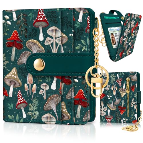 Image of Jogjam Mushroom Green Rfid Ladies Wallet, Small Slim Thin Compact Credit Card Women Wallet, PU Leather Bifold Cash Zipper Coin Pocket ID Window for Female