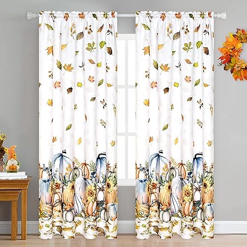 Thanksgiving Fall Curtains for Living Room Falling Maple Leaves Pumpkin Sunflower Window Curtains 84 Inch Length 2 Panels Autumn Harvest Rod Pocket Window Treatment for Bedroom Dining Room Drapes