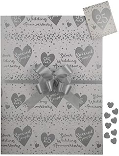 Silver 25th Anniversary Wrap Pack, 2 Gift Paper Wrapping Sheets 2 Tags 2 Pull Bows and Silver Heart Confetti